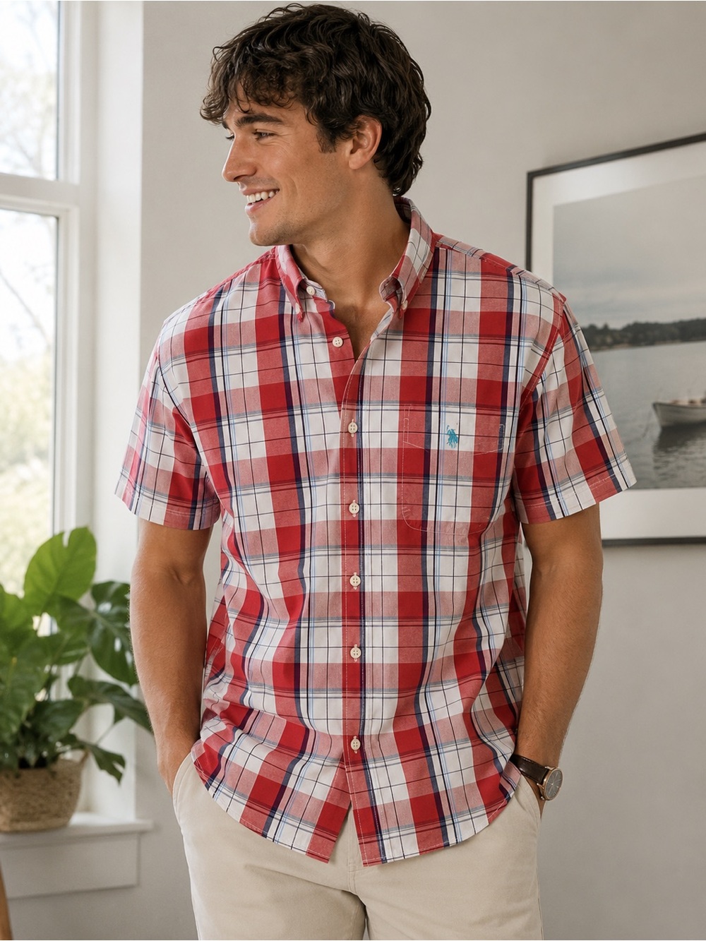 U.S.Polo Assn. Men's Preppy Red Plaid Short-Sleeve Collared Button-Down Shirt